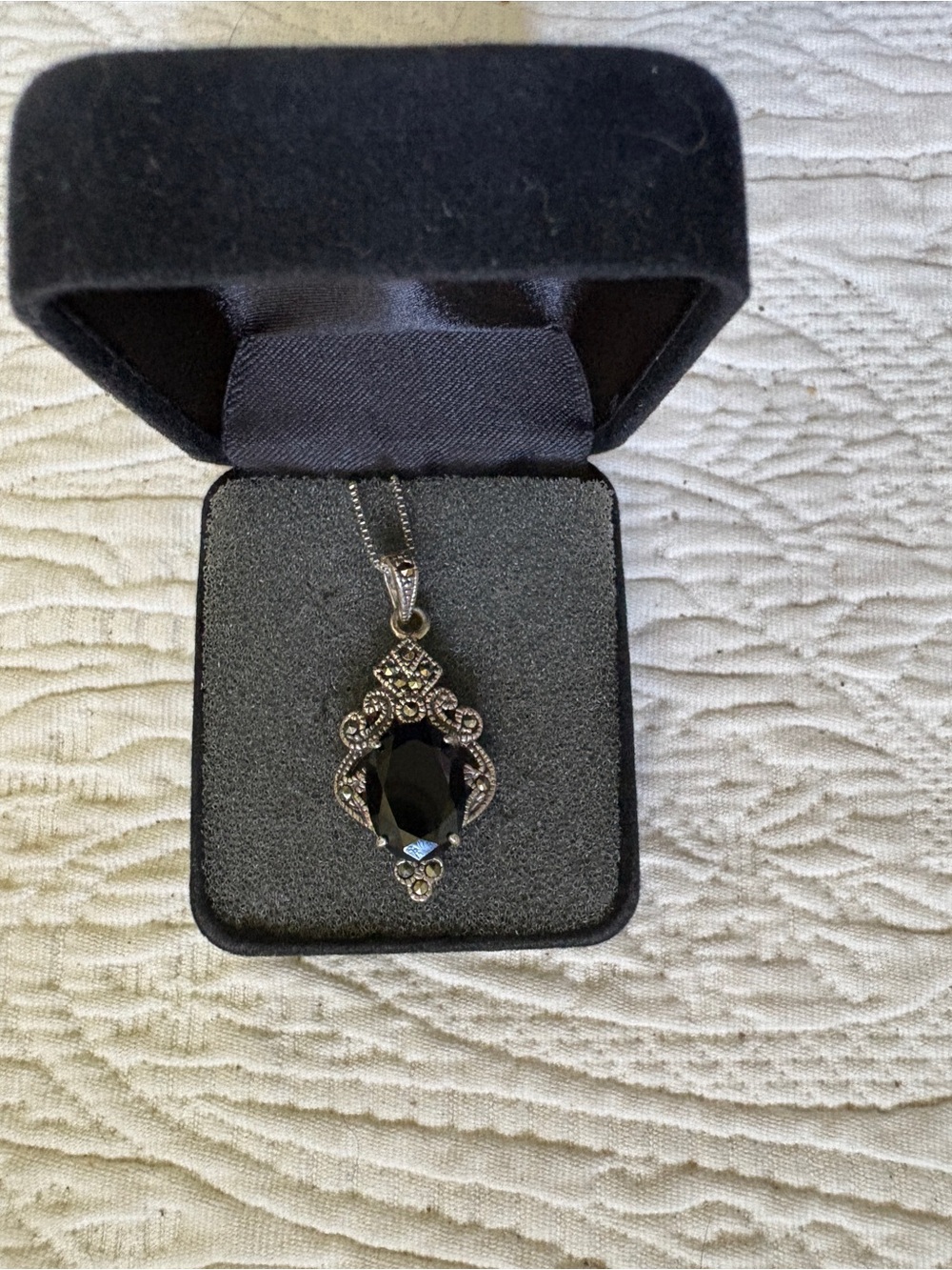 Vintage Sterling Silver Black onyx stone with ornate marcasite accents Necklace